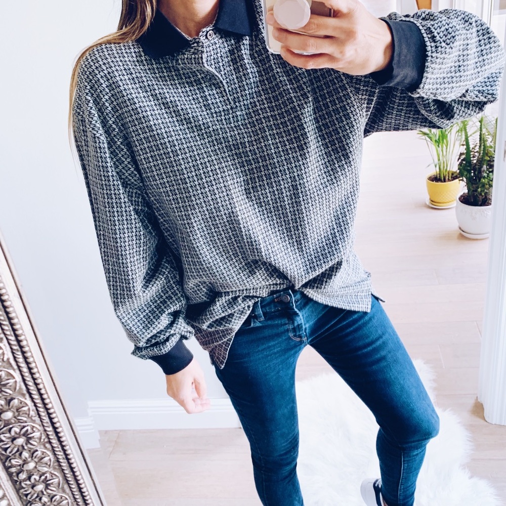 Oversized Houndstooth Long Sleeve Polo